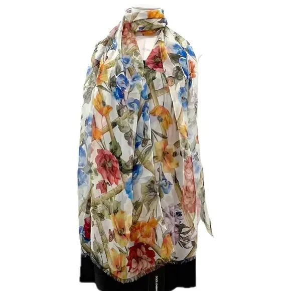 Dolce & Gabbana Floral Printed luxury lightweight silk scarf Shawl Orange Multi - Picture 6 of 9